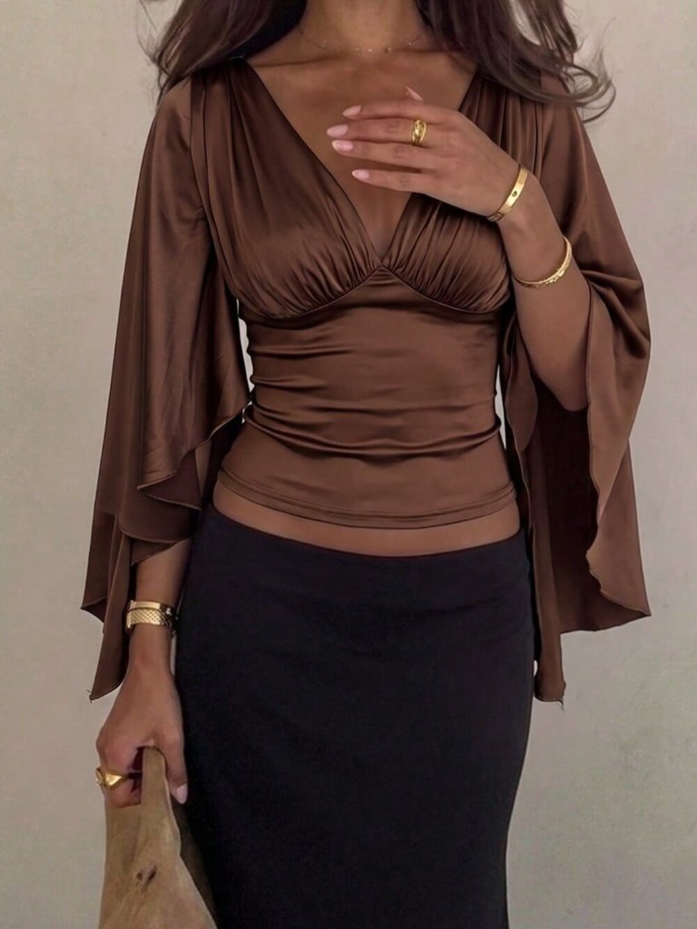 Chocolate Brown Elegant Women's Textured Slim V-Neck Split Sleeve Pleated Top